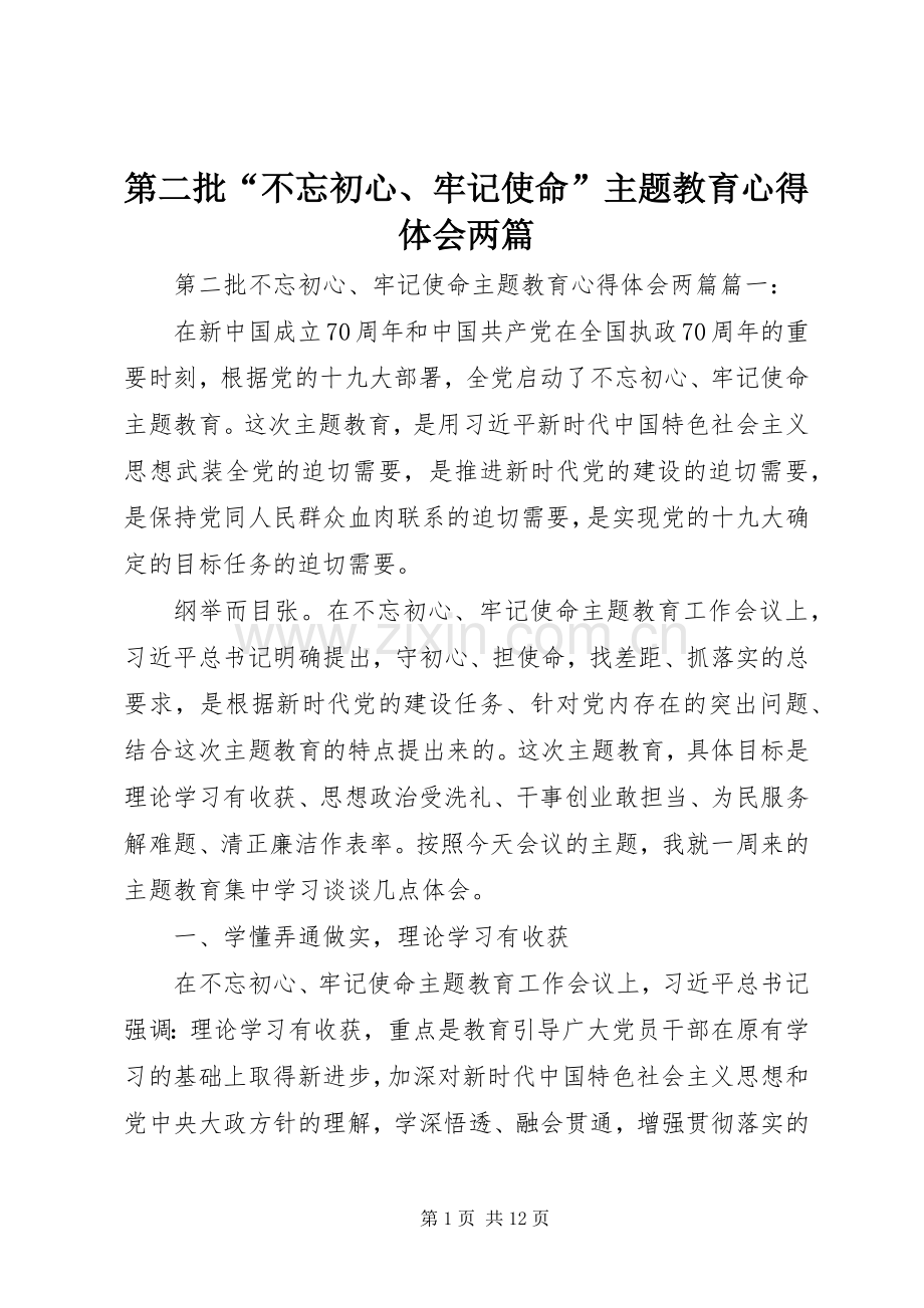 第二批“不忘初心、牢记使命”主题教育心得体会两篇.docx_第1页