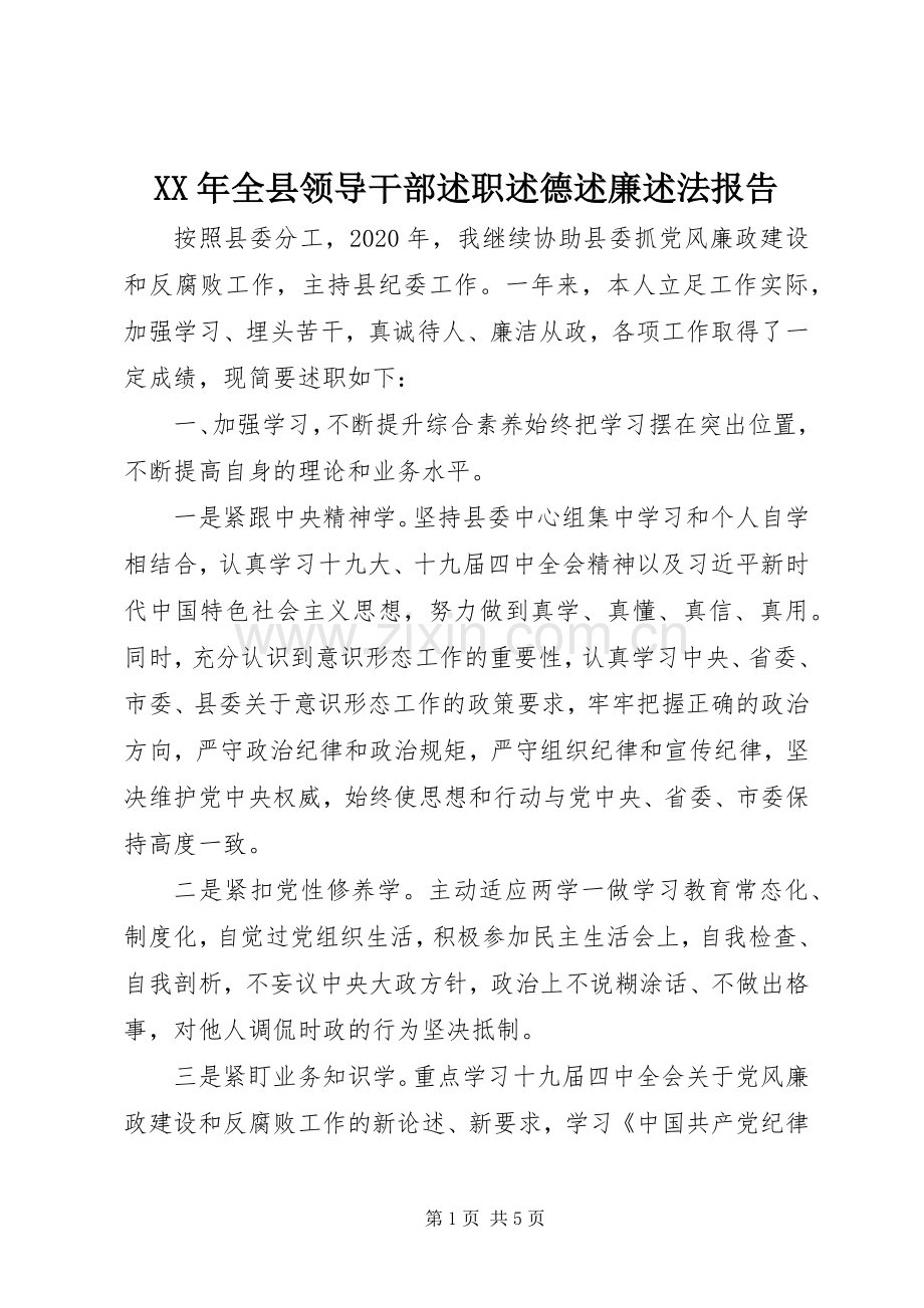 XX年全县领导干部述职述德述廉述法报告.docx_第1页