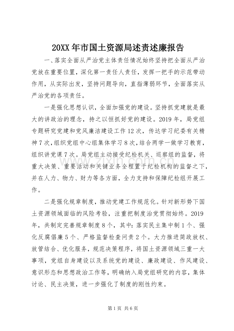 20XX年市国土资源局述责述廉报告.docx_第1页