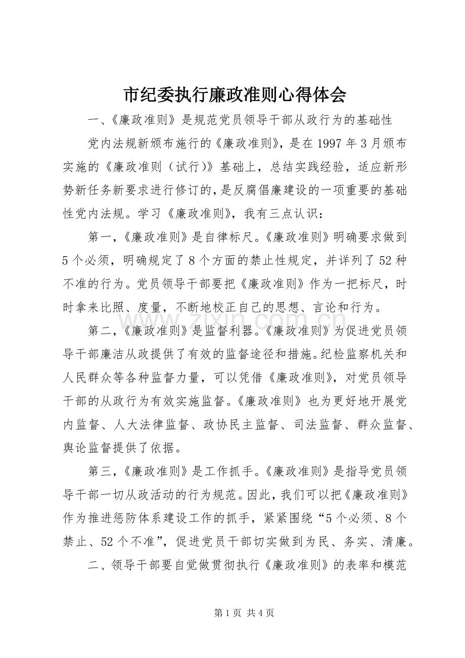 市纪委执行廉政准则心得体会.docx_第1页