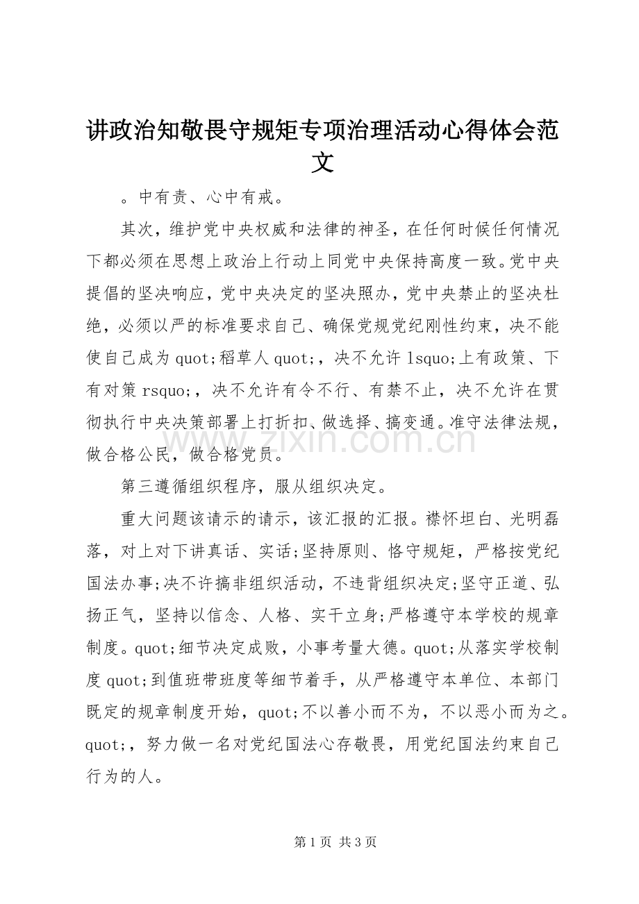 讲政治知敬畏守规矩专项治理活动心得体会范文.docx_第1页