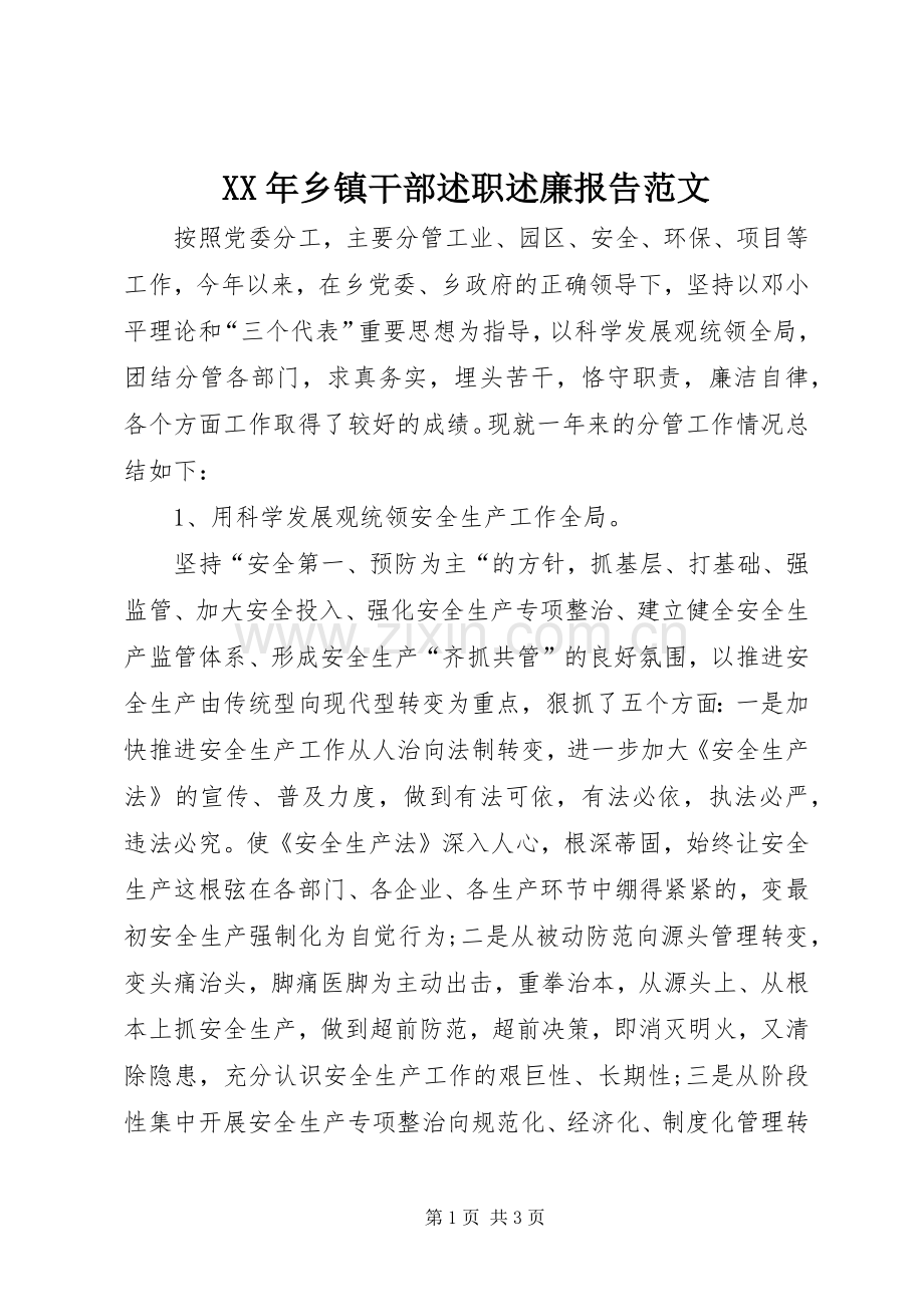 XX年乡镇干部述职述廉报告范文.docx_第1页