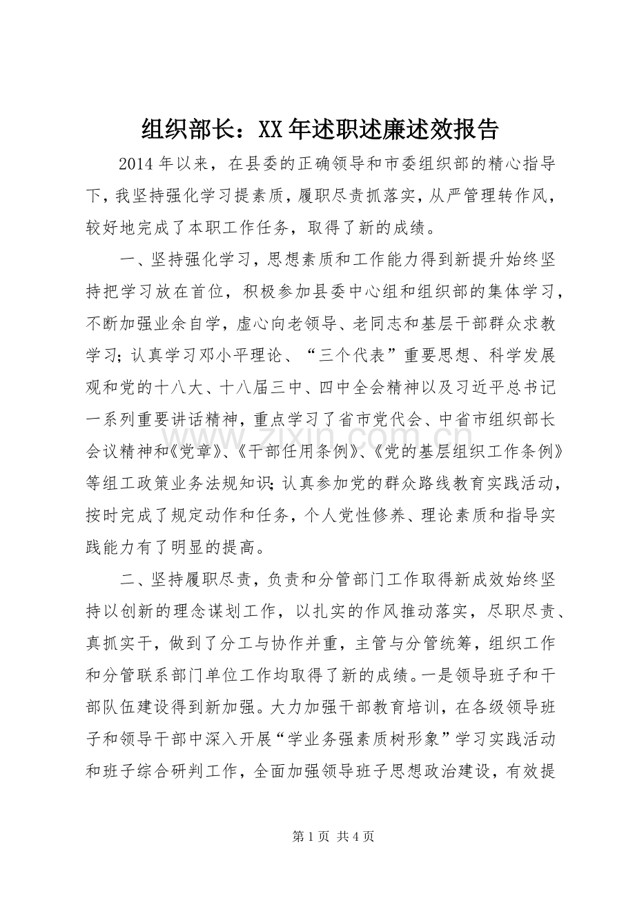 组织部长：XX年述职述廉述效报告.docx_第1页