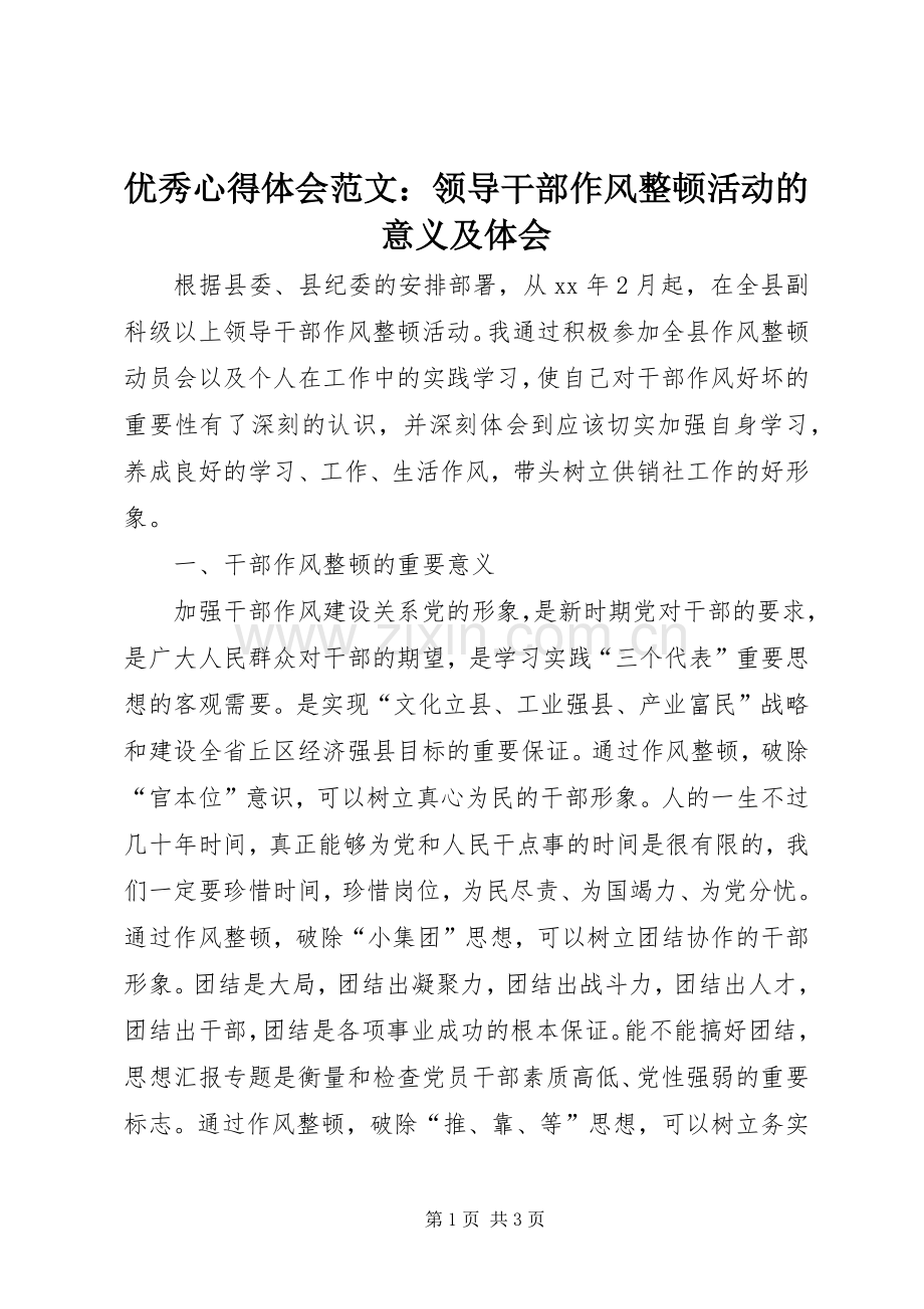 优秀心得体会范文：领导干部作风整顿活动的意义及体会.docx_第1页