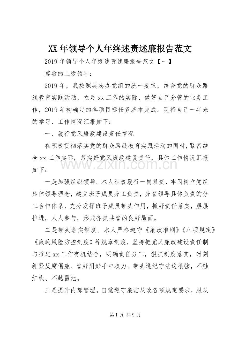 XX年领导个人年终述责述廉报告范文.docx_第1页