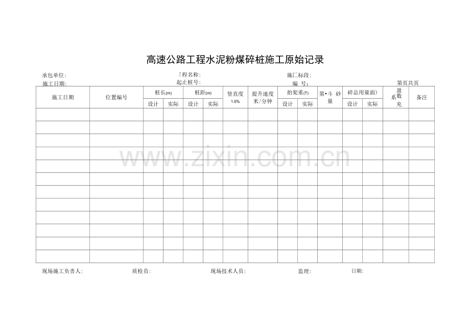 高速公路工程水泥粉煤砼桩施工原始记录.docx_第1页