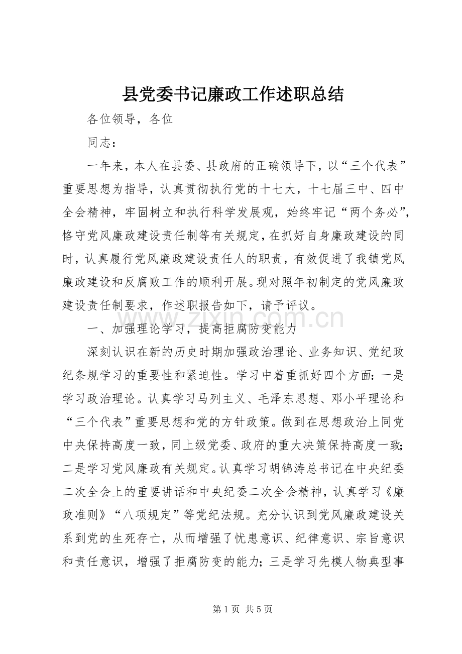 县党委书记廉政工作述职总结.docx_第1页