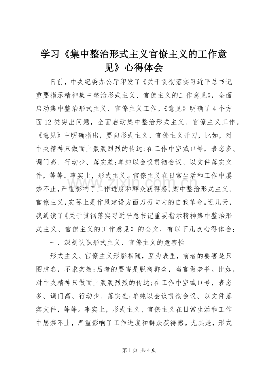 学习《集中整治形式主义官僚主义的工作意见》心得体会.docx_第1页