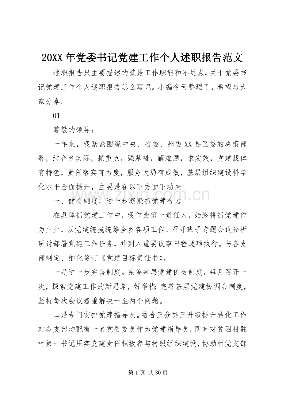 20XX年党委书记党建工作个人述职报告范文.docx_第1页