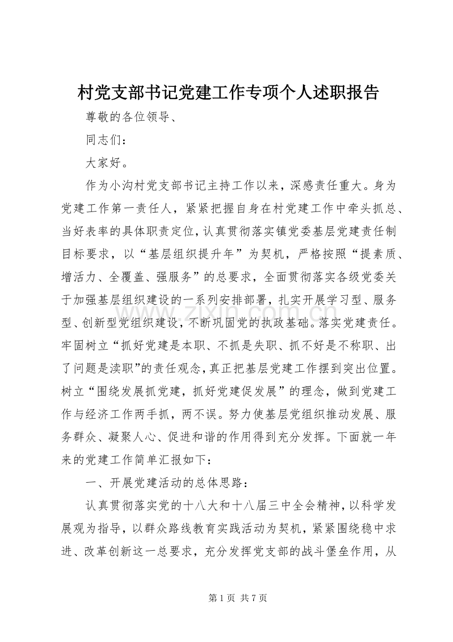 村党支部书记党建工作专项个人述职报告.docx_第1页