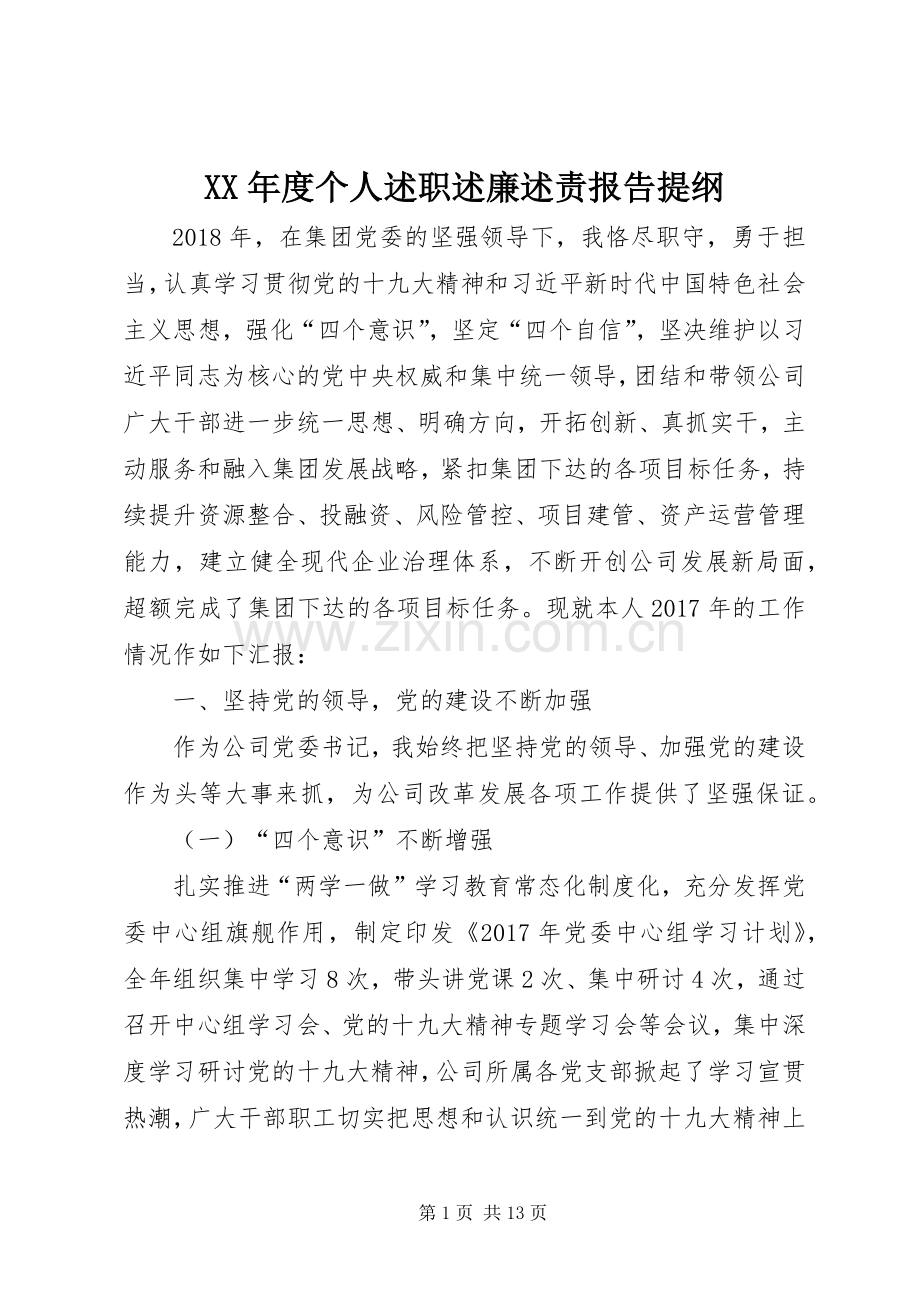 XX年度个人述职述廉述责报告提纲.docx_第1页