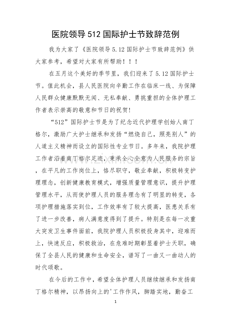 医院领导512国际护士节致辞范例.docx_第1页