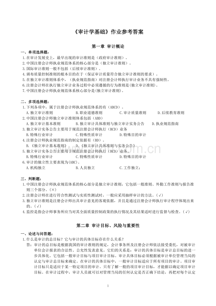 审计学基础作业参考解答.doc_第1页