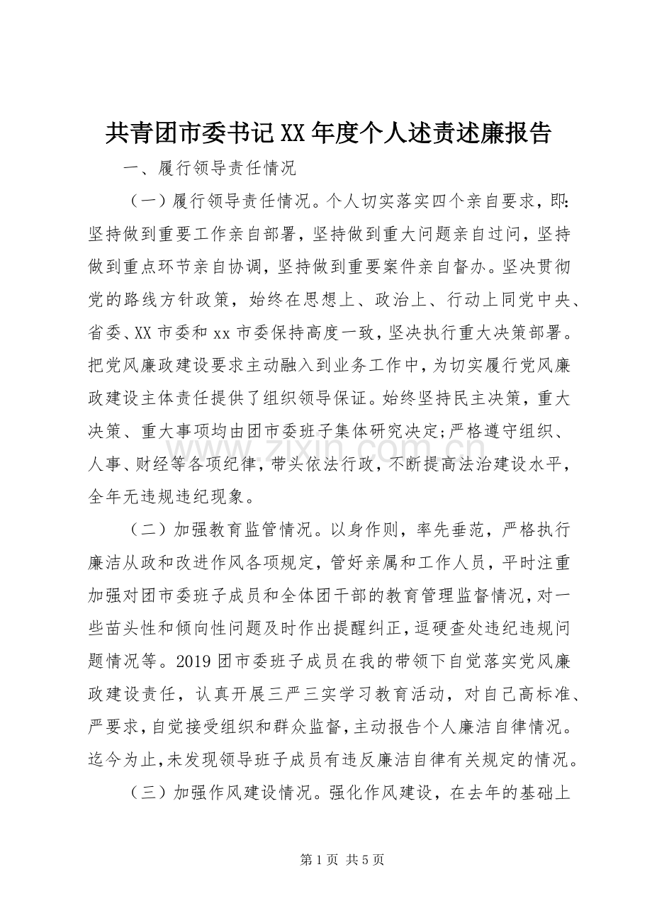 共青团市委书记XX年度个人述责述廉报告.docx_第1页