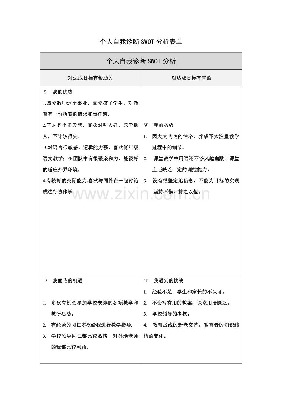 个人自我诊断SWOT分析表单[005].doc_第1页