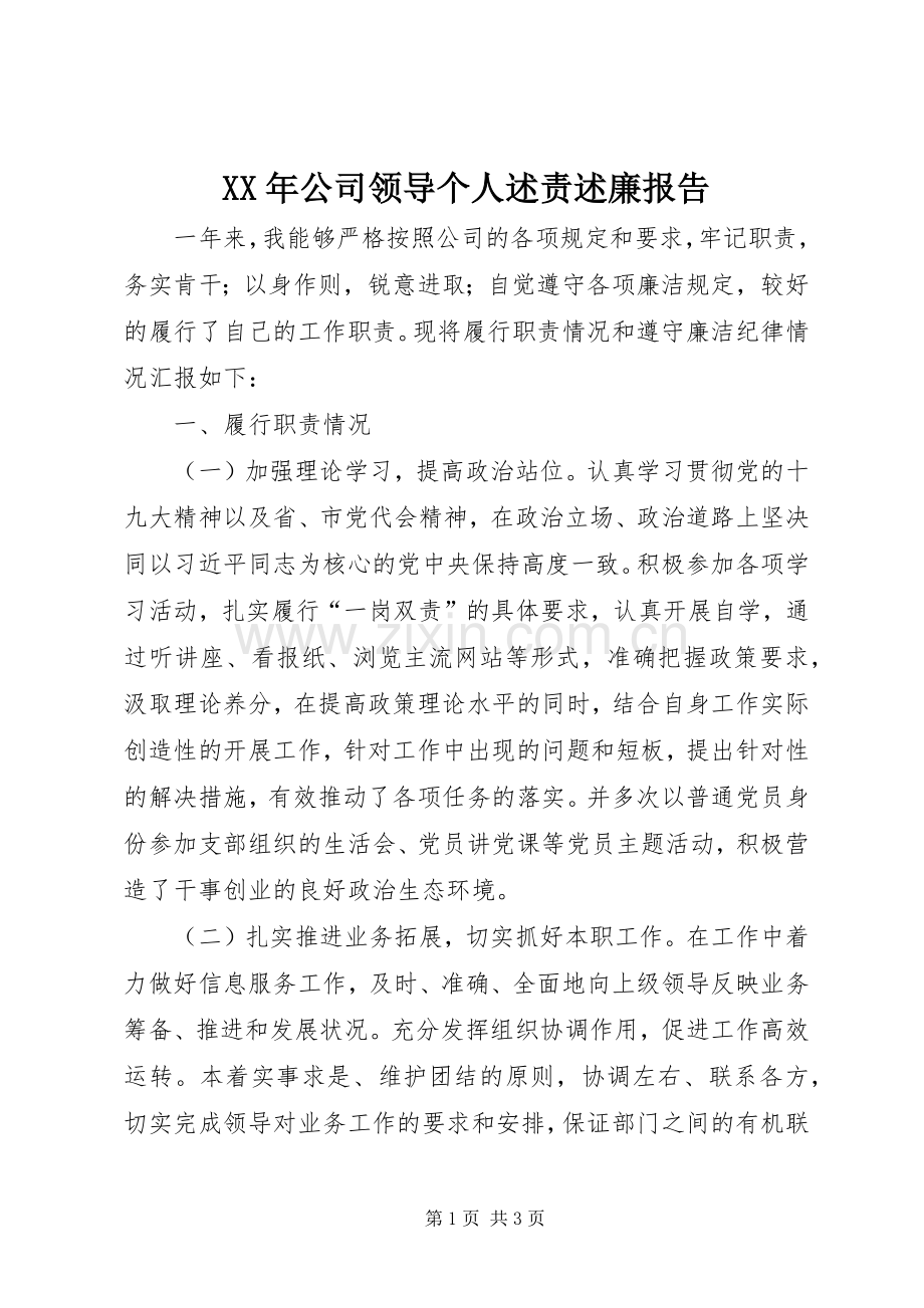 XX年公司领导个人述责述廉报告.docx_第1页