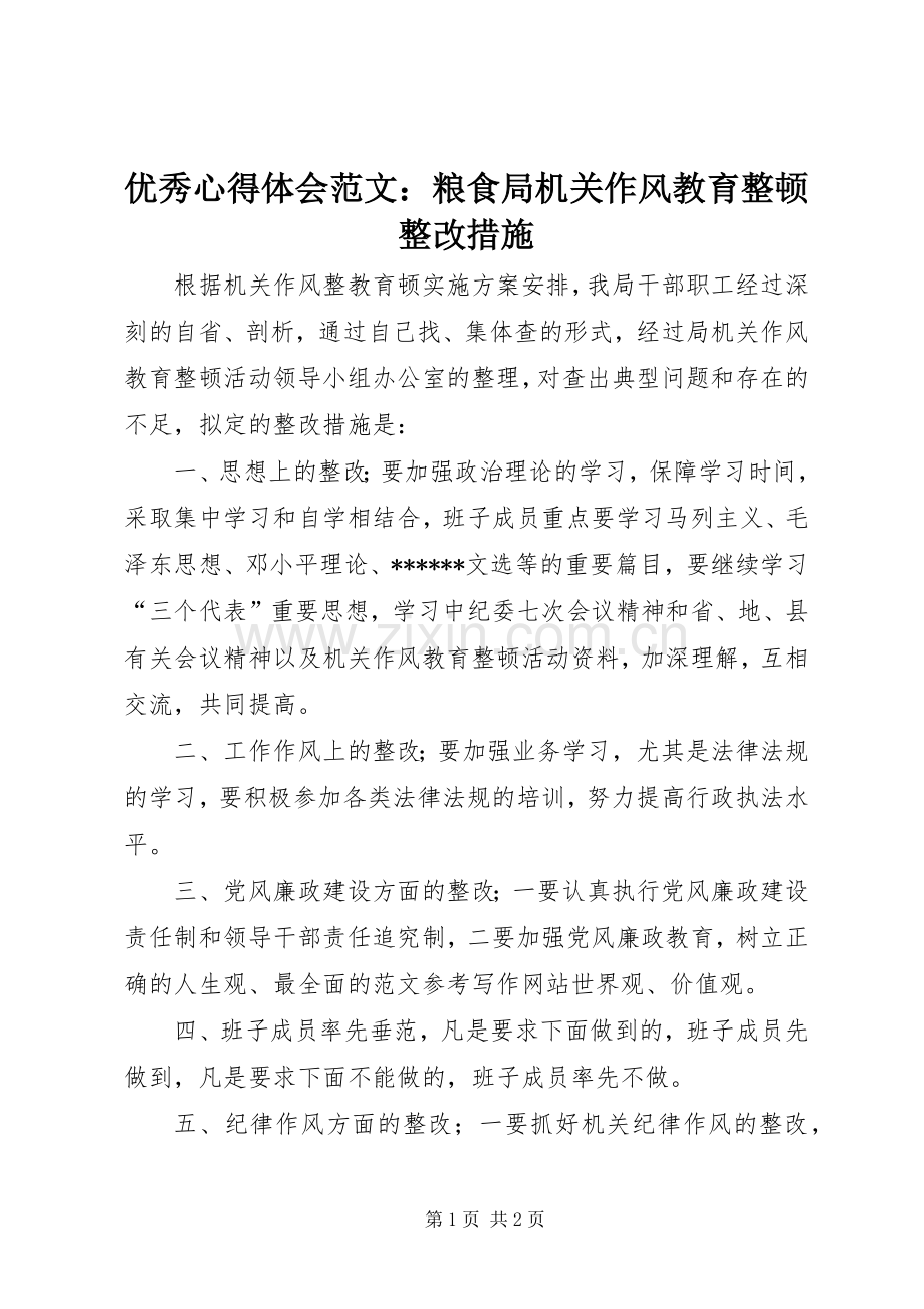 优秀心得体会范文：粮食局机关作风教育整顿整改措施.docx_第1页