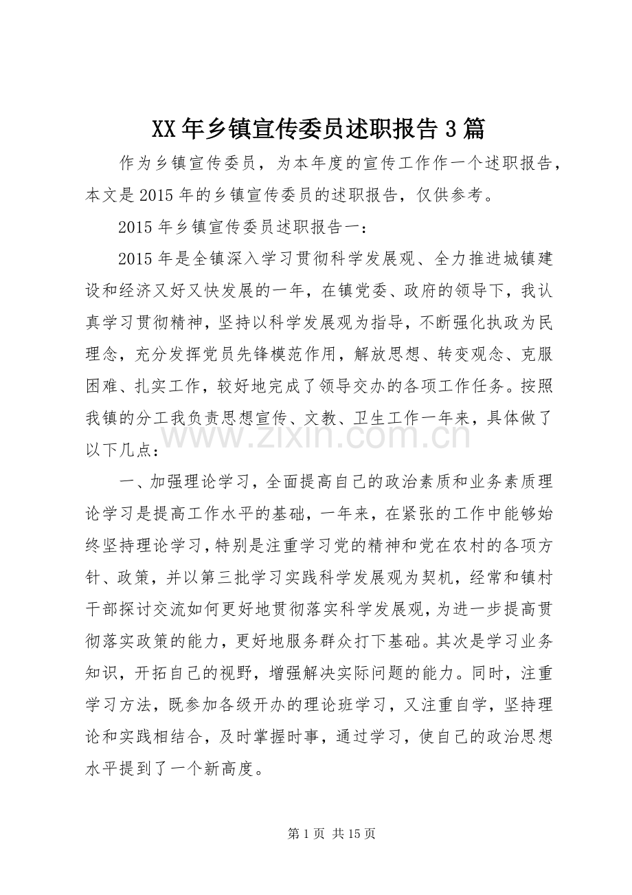 XX年乡镇宣传委员述职报告3篇.docx_第1页