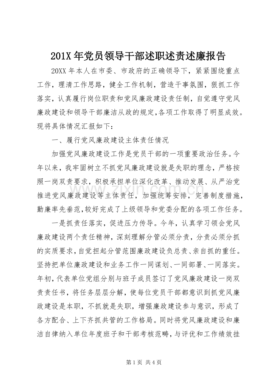 201X年党员领导干部述职述责述廉报告.docx_第1页