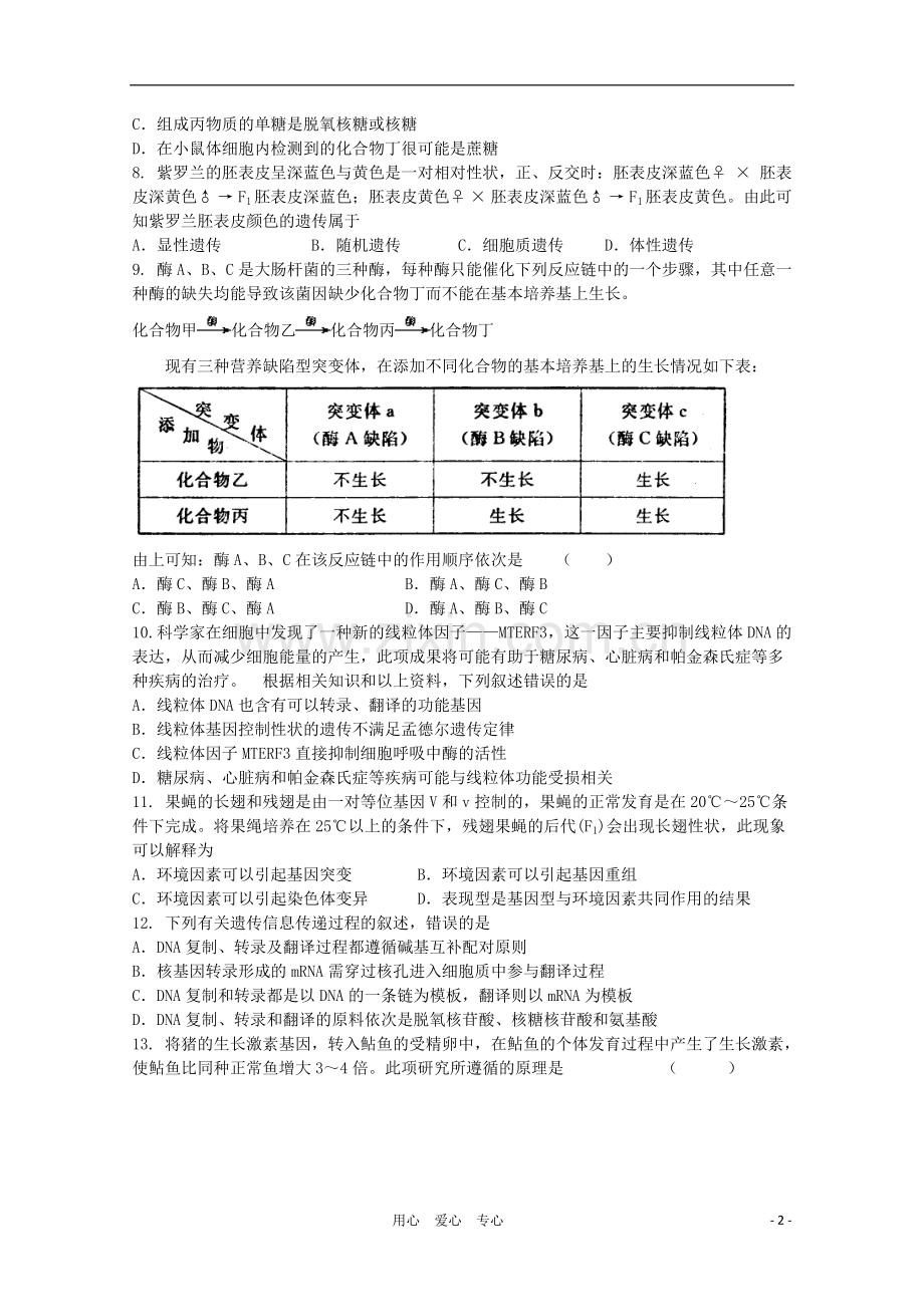 天津市2012届高三生物-《基因的表达》单元测试10-新人教版必修2.doc_第2页