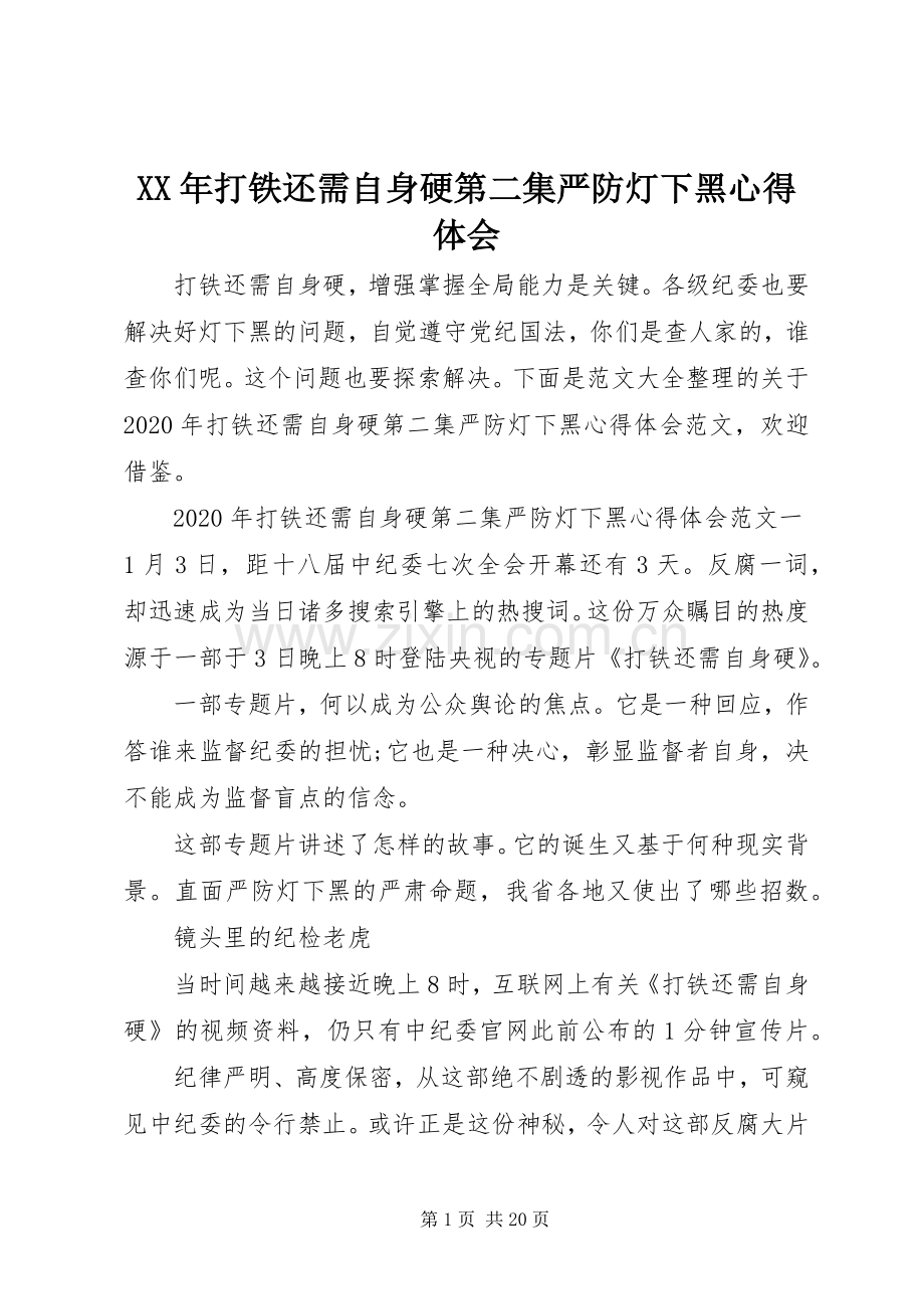 XX年打铁还需自身硬第二集严防灯下黑心得体会.docx_第1页