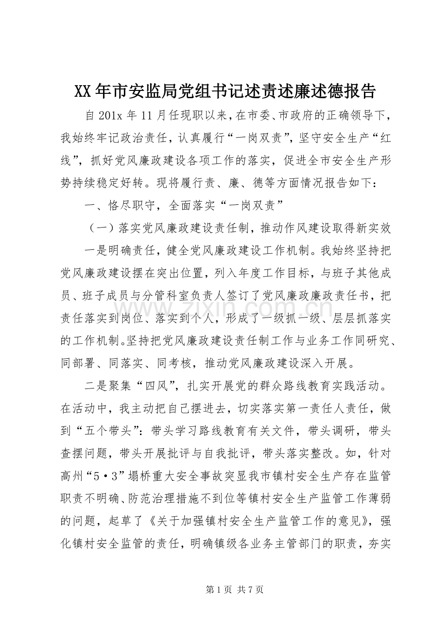 XX年市安监局党组书记述责述廉述德报告.docx_第1页