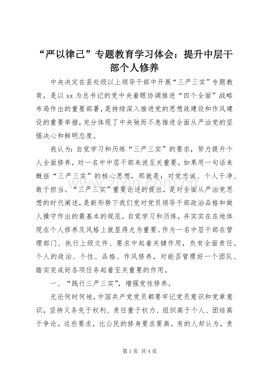 “严以律己”专题教育学习体会：提升中层干部个人修养.docx_第1页