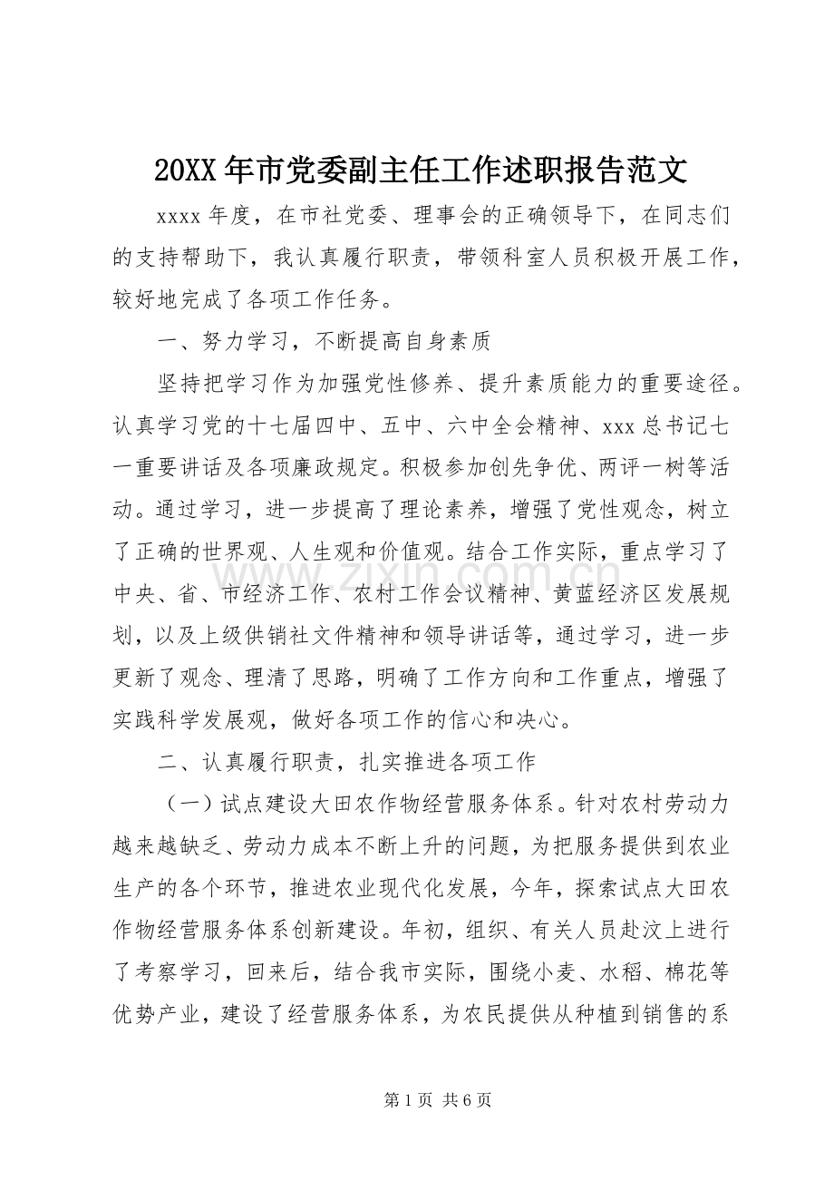 20XX年市党委副主任工作述职报告范文.docx_第1页