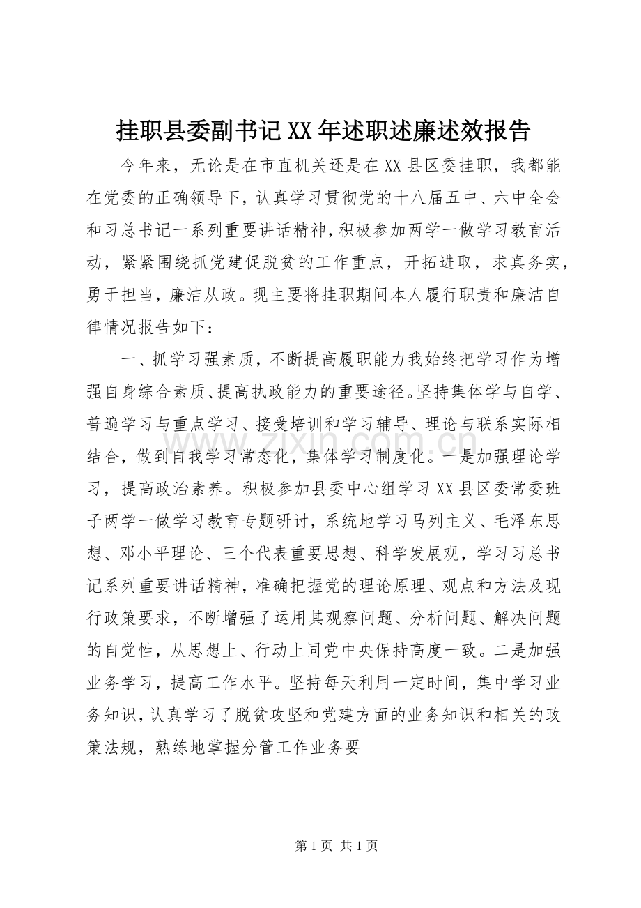 挂职县委副书记XX年述职述廉述效报告.docx_第1页