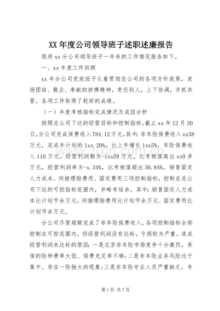 XX年度公司领导班子述职述廉报告.docx_第1页