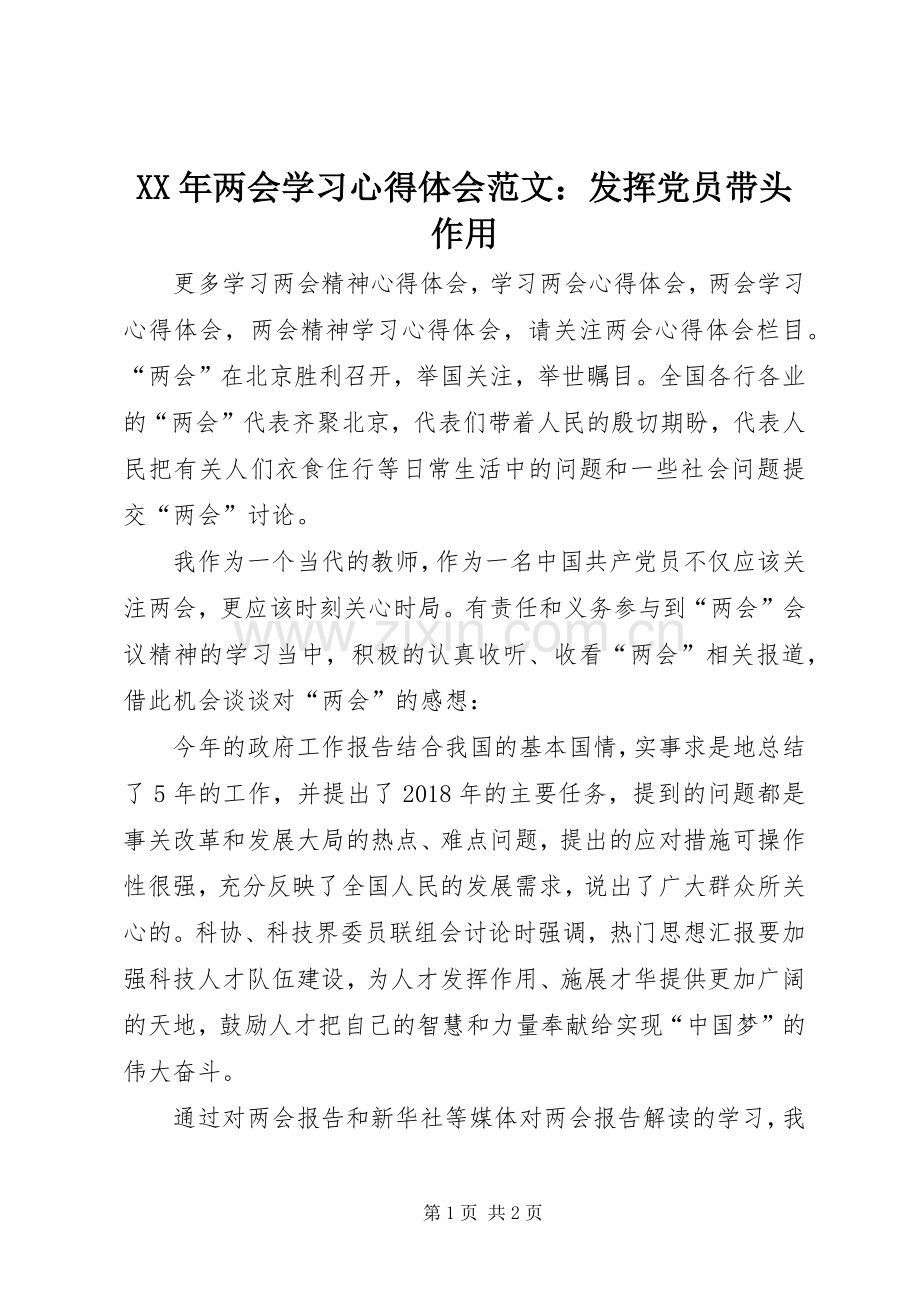 XX年两会学习心得体会范文：发挥党员带头作用.docx_第1页