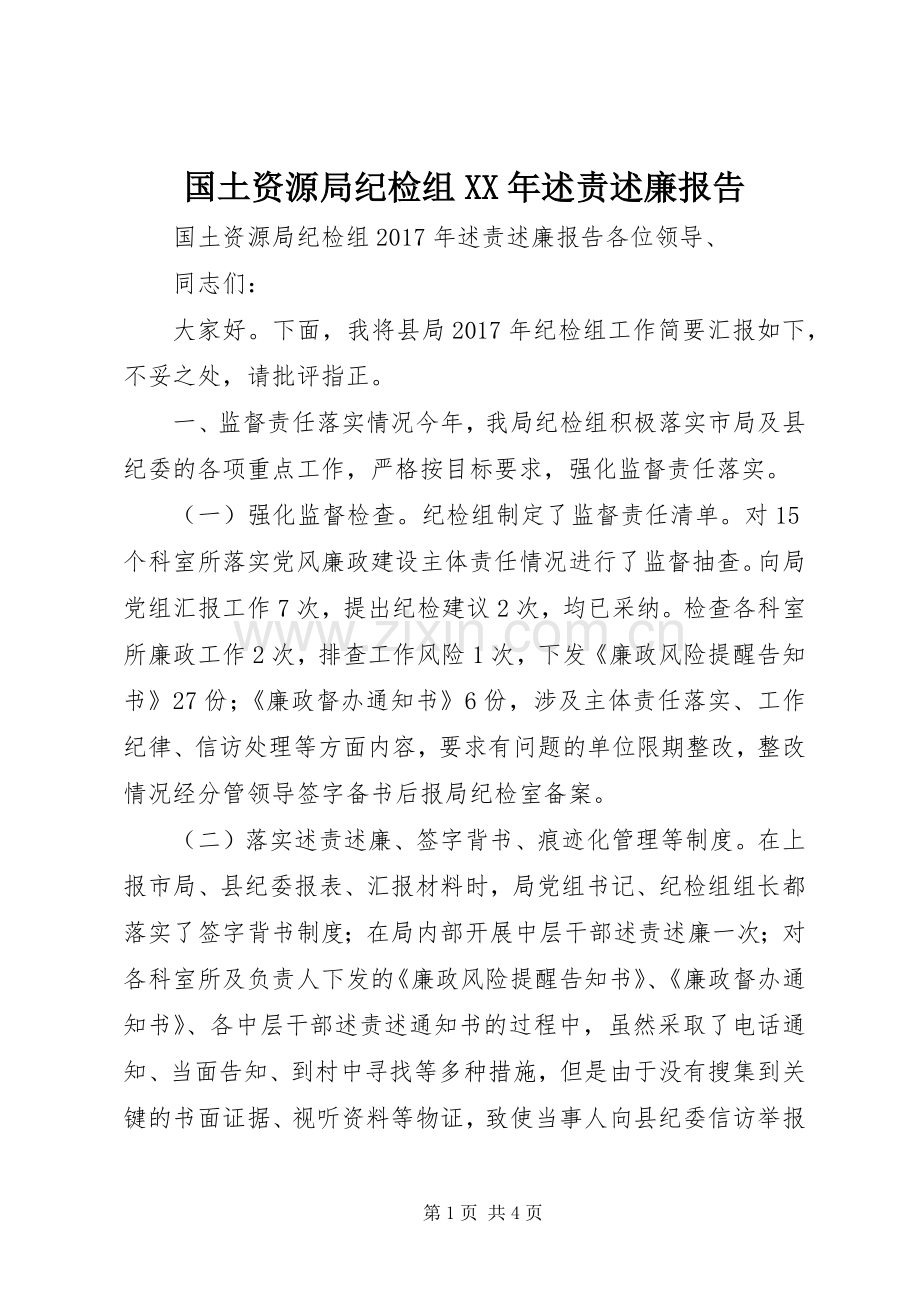 国土资源局纪检组XX年述责述廉报告.docx_第1页