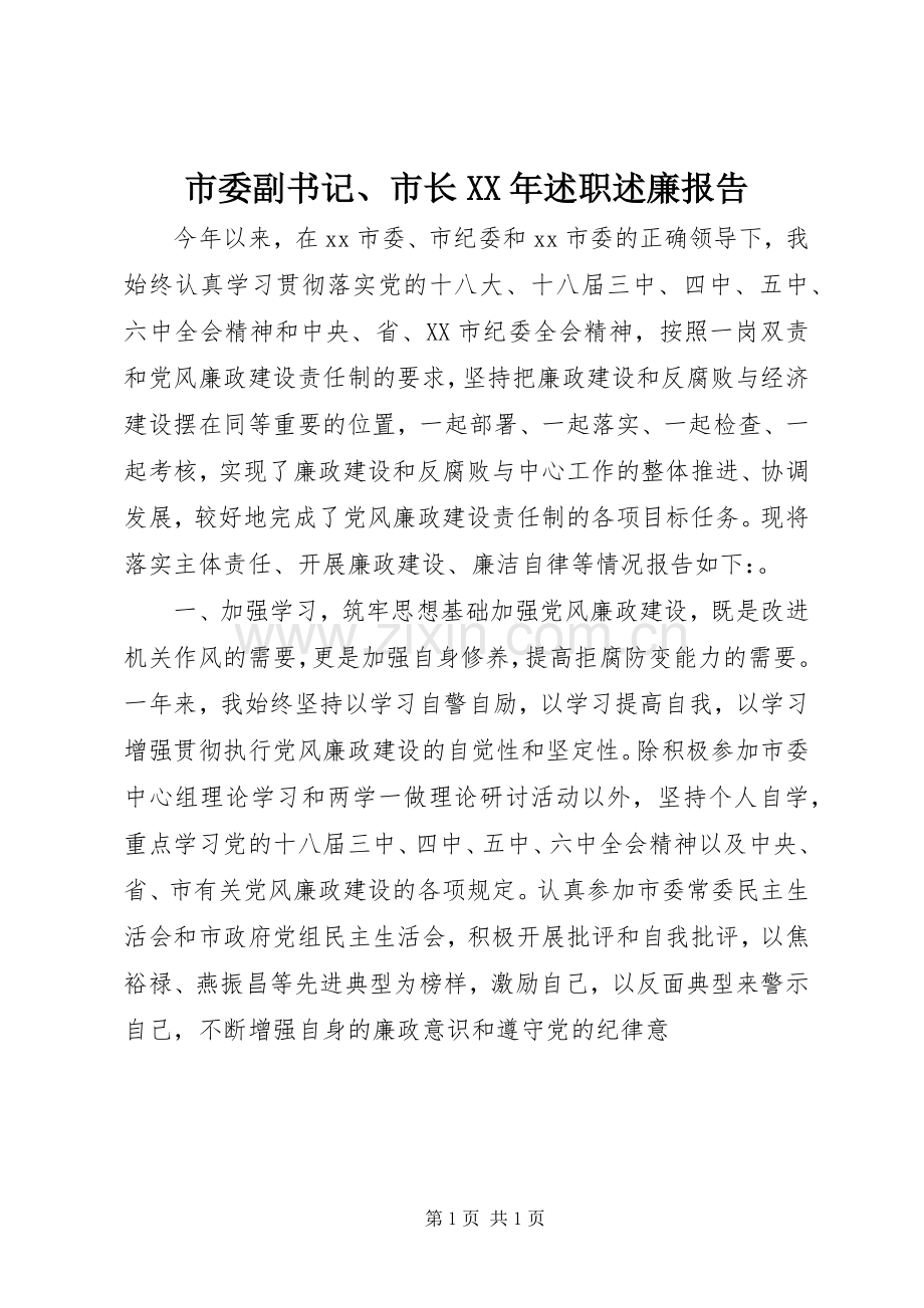 市委副书记、市长XX年述职述廉报告.docx_第1页