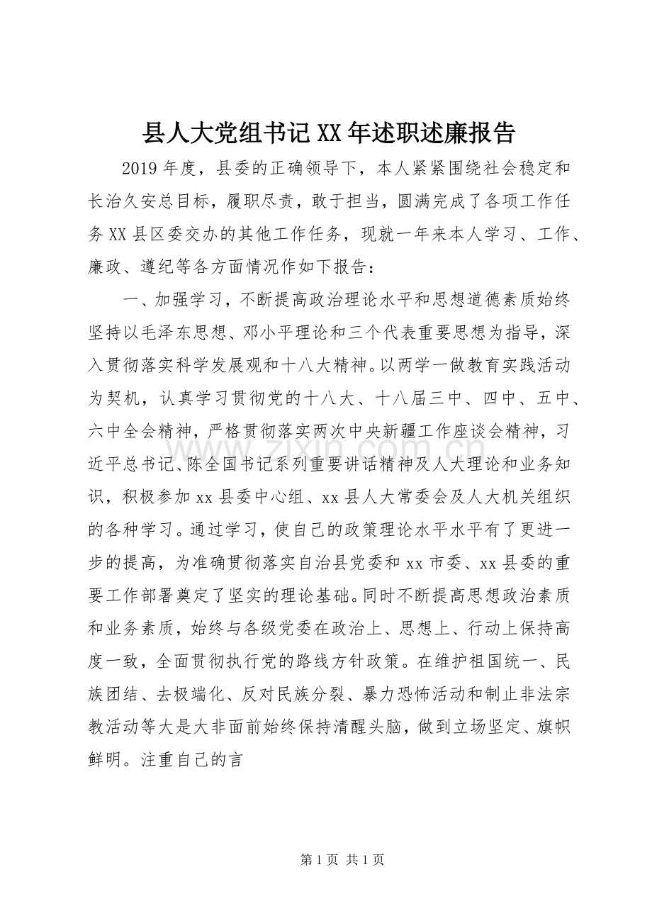 县人大党组书记XX年述职述廉报告.docx_第1页