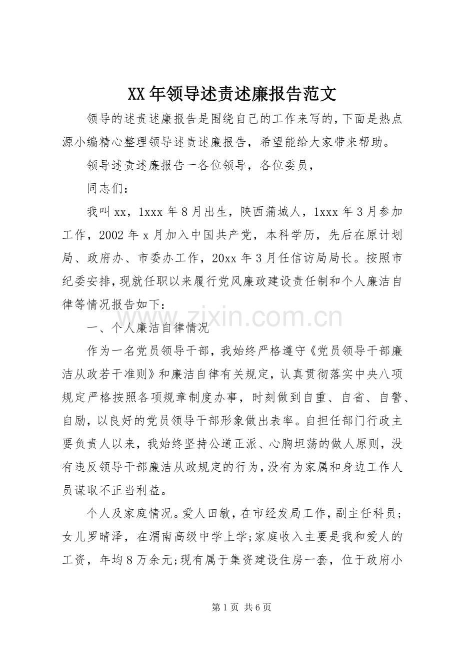 XX年领导述责述廉报告范文.docx_第1页