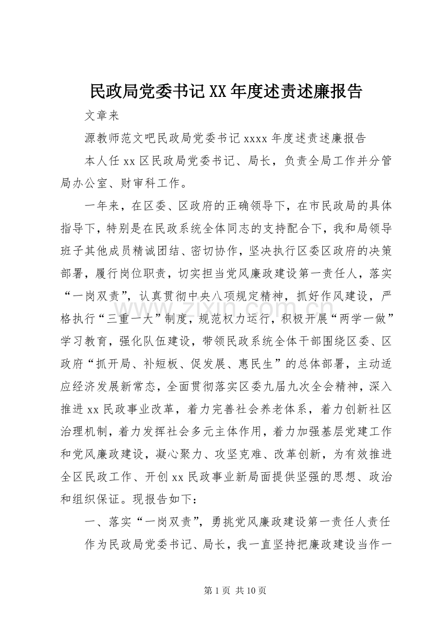 民政局党委书记XX年度述责述廉报告.docx_第1页