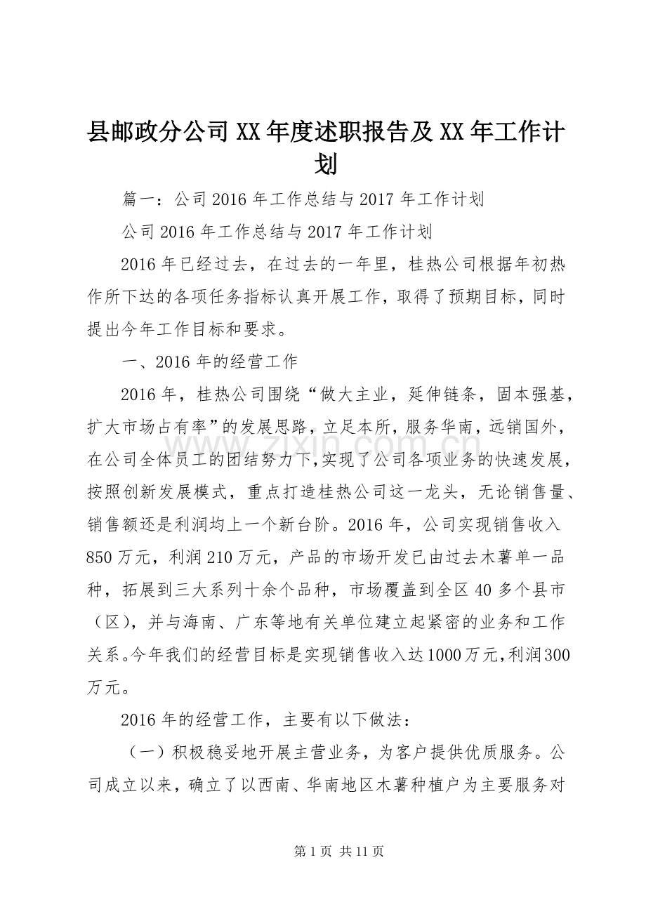 县邮政分公司XX年度述职报告及XX年工作计划.docx_第1页