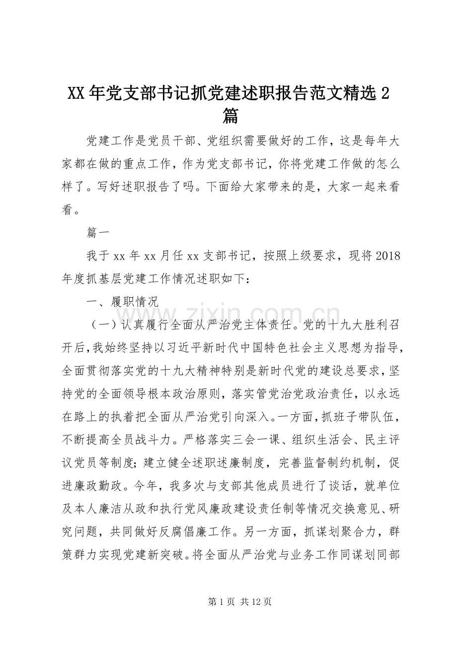 XX年党支部书记抓党建述职报告范文2篇.docx_第1页