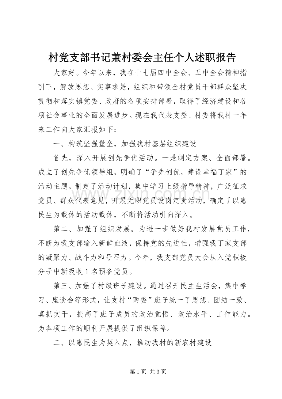 村党支部书记兼村委会主任个人述职报告.docx_第1页