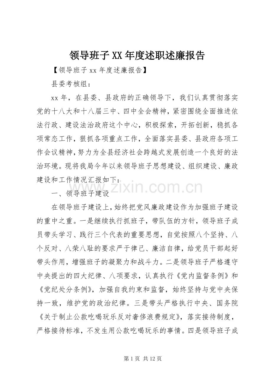 领导班子XX年度述职述廉报告.docx_第1页