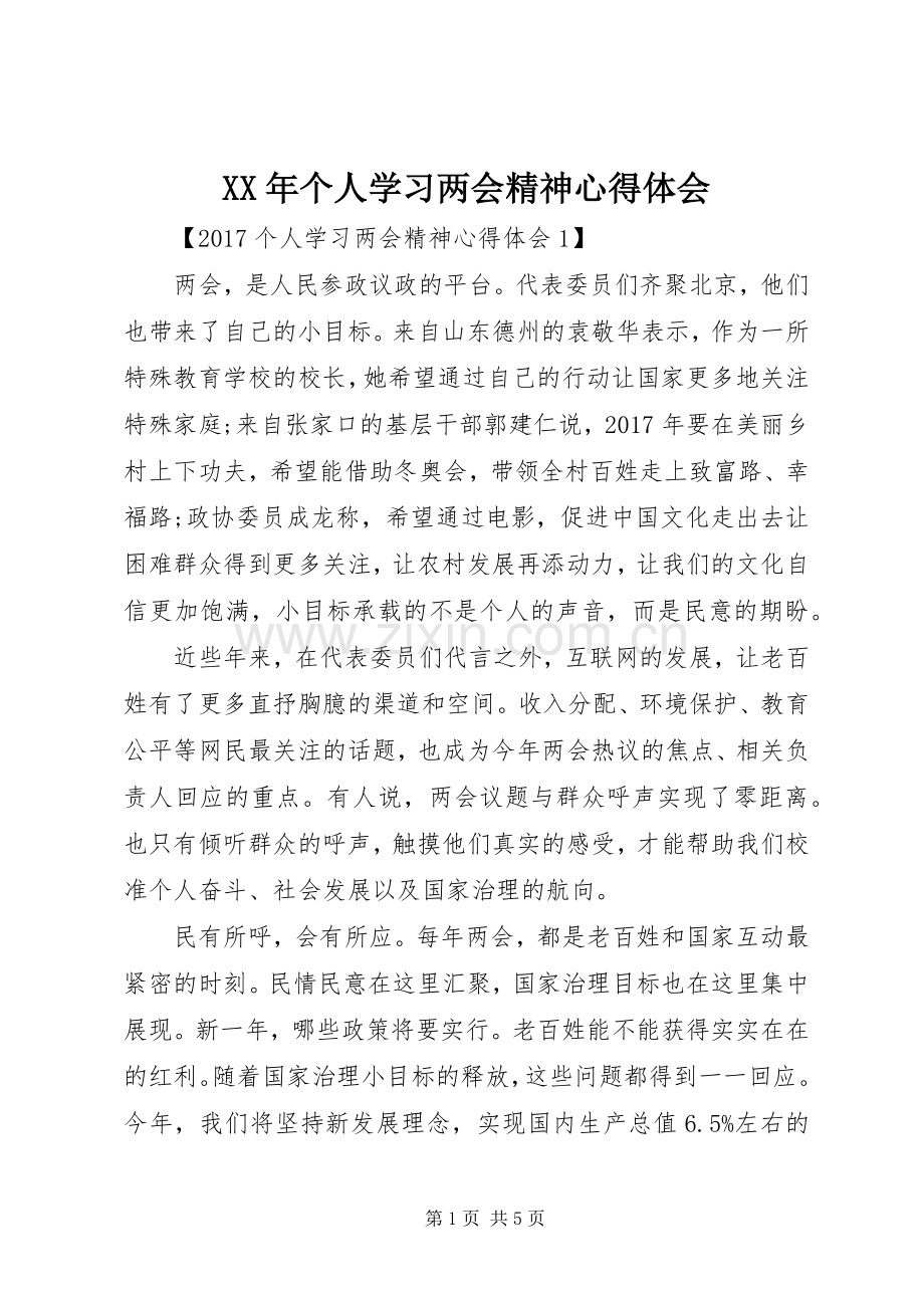 XX年个人学习两会精神心得体会.docx_第1页