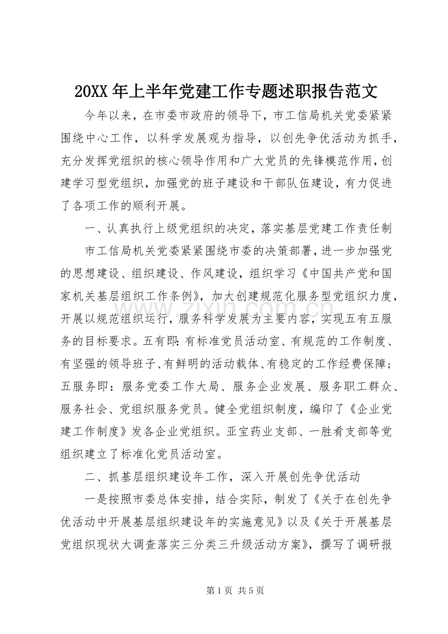 20XX年上半年党建工作专题述职报告范文.docx_第1页