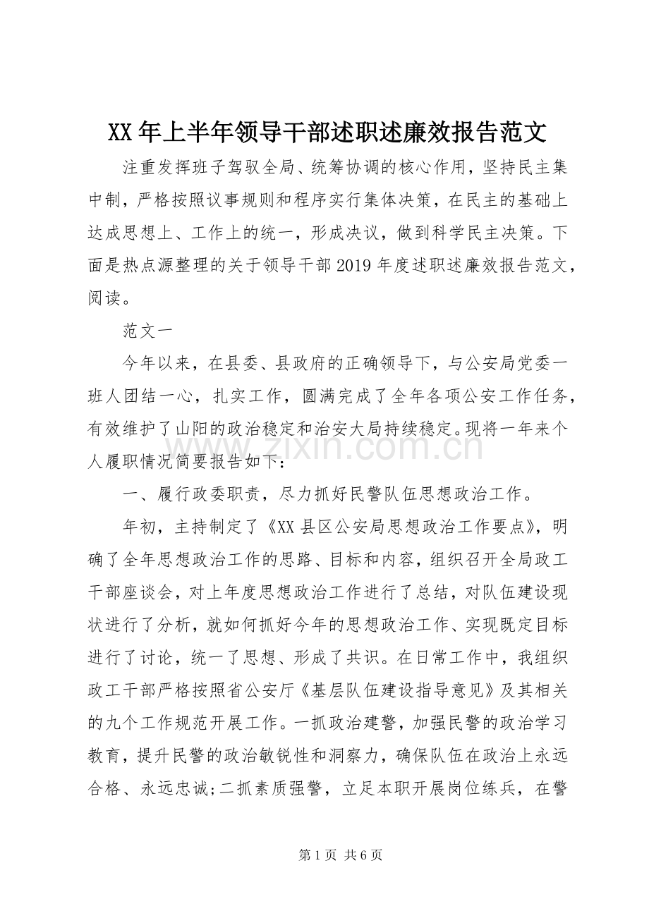 XX年上半年领导干部述职述廉效报告范文.docx_第1页