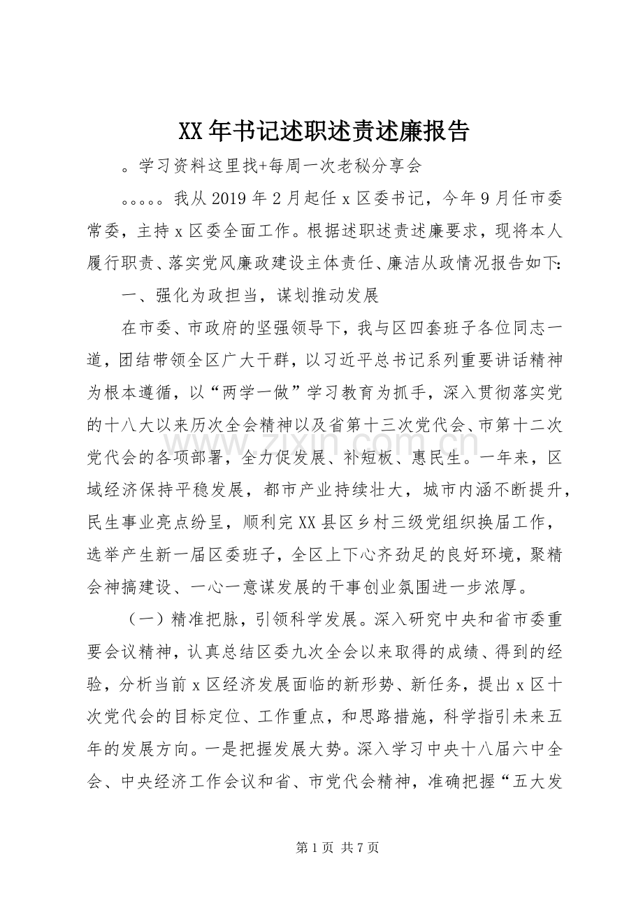 XX年书记述职述责述廉报告.docx_第1页