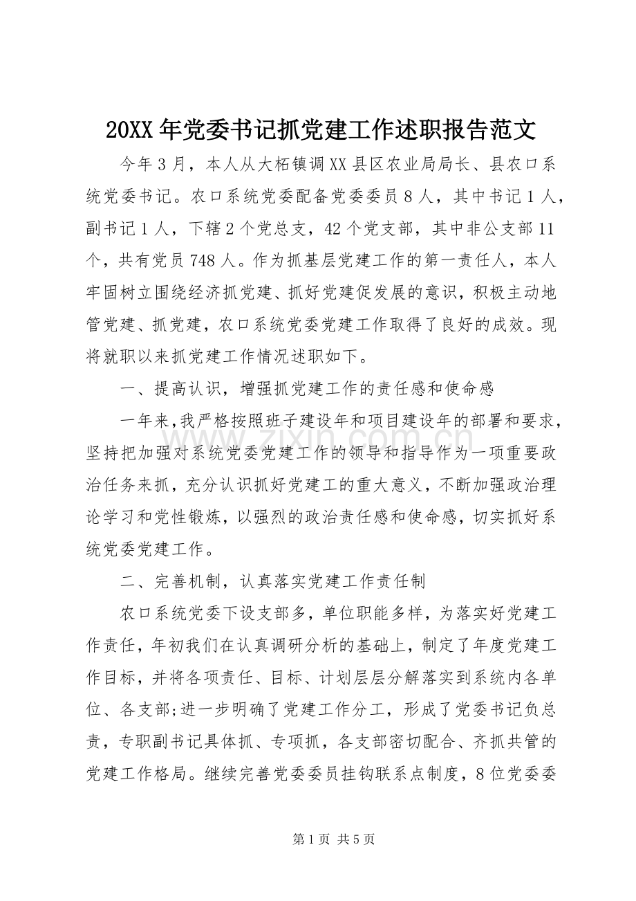 20XX年党委书记抓党建工作述职报告范文.docx_第1页