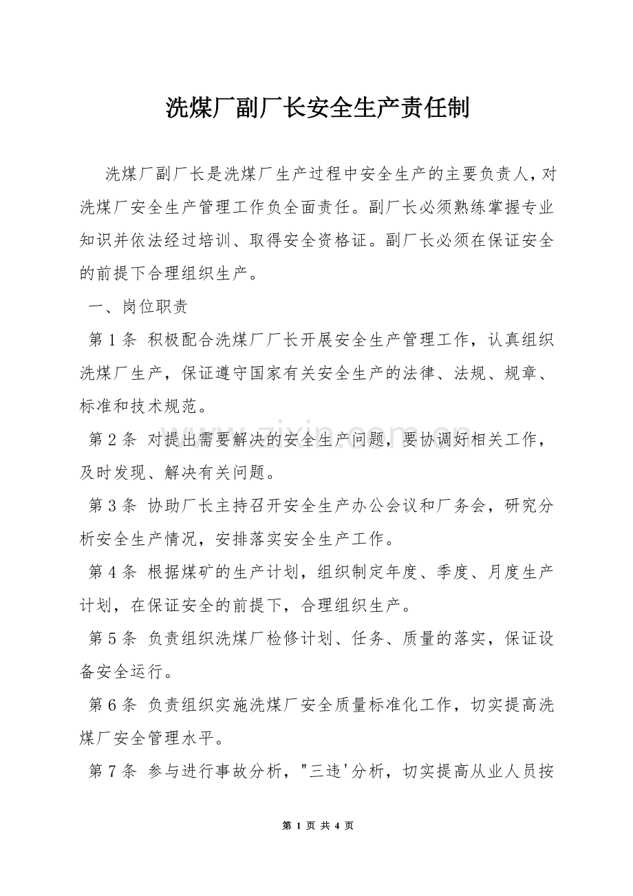 洗煤厂副厂长安全生产责任制.docx_第1页