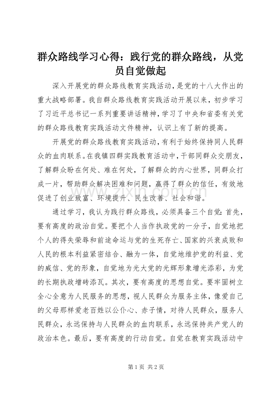 群众路线学习心得：践行党的群众路线从党员自觉做起.docx_第1页