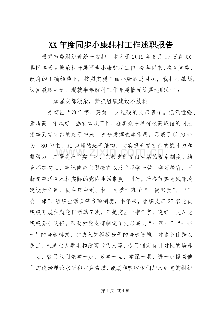 XX年度同步小康驻村工作述职报告.docx_第1页