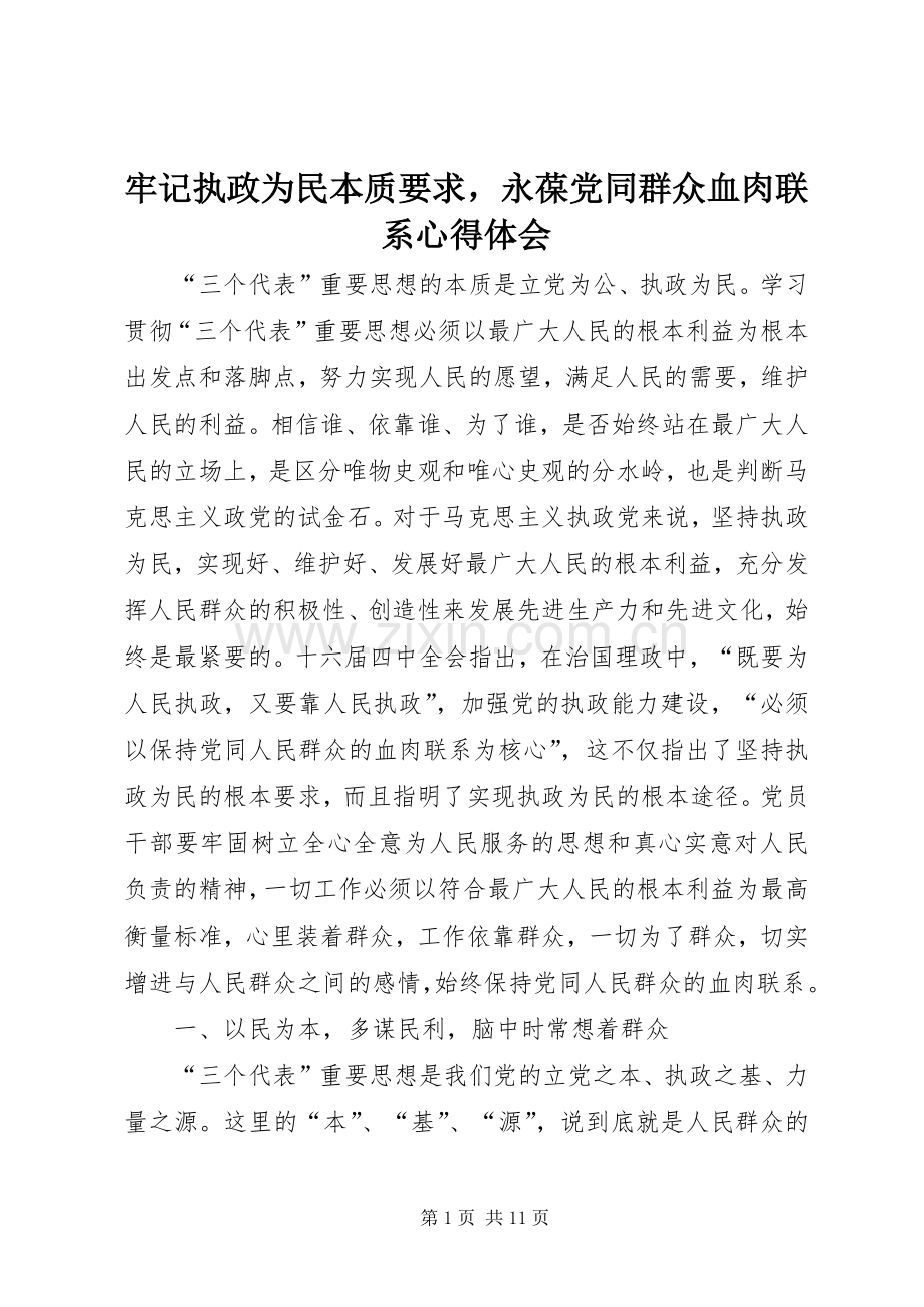 牢记执政为民本质要求永葆党同群众血肉联系心得体会.docx_第1页