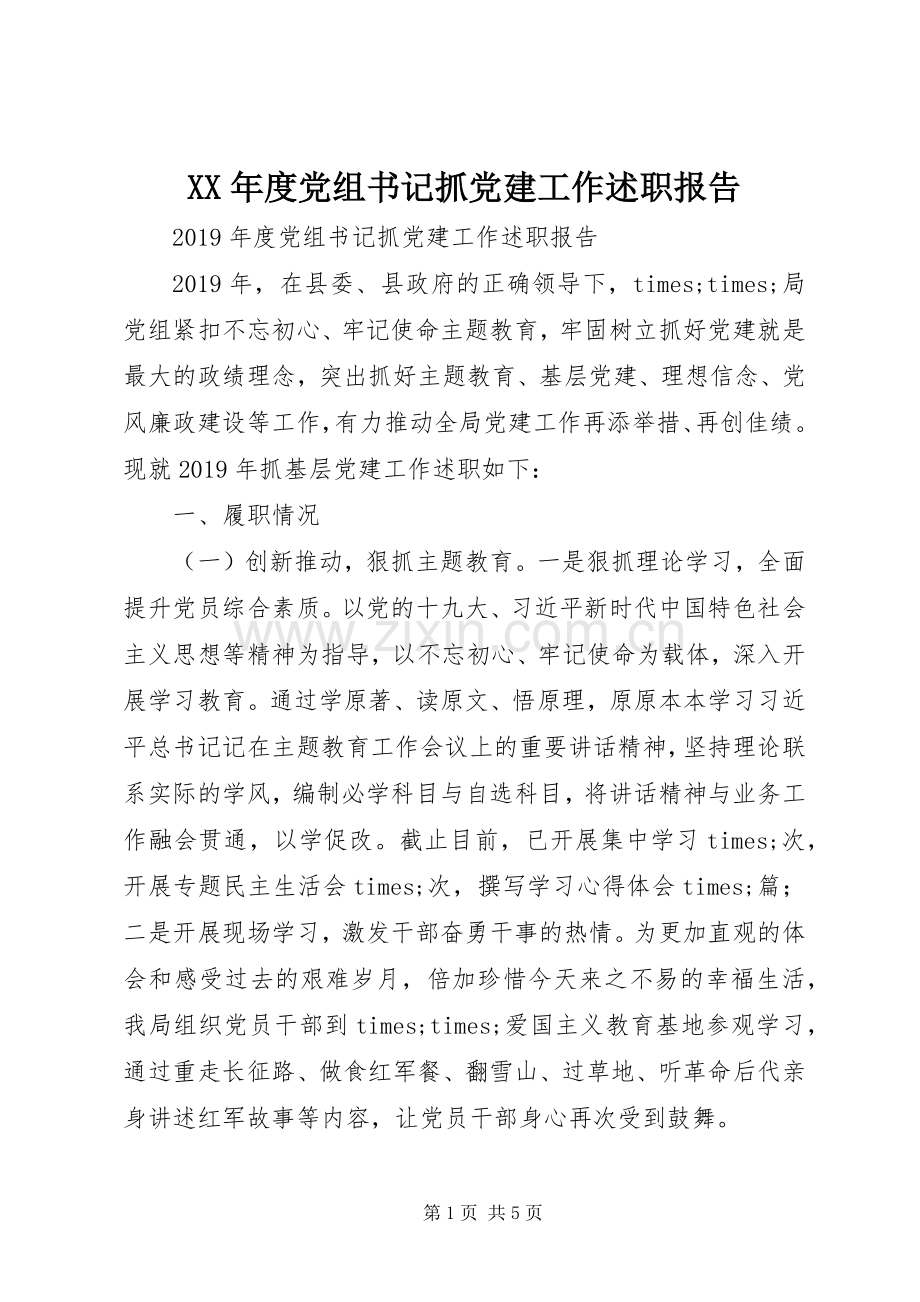 XX年度党组书记抓党建工作述职报告.docx_第1页